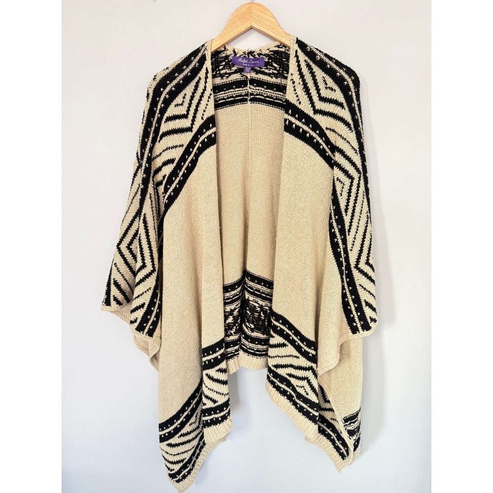 Ralph Lauren Purple Label Silk Jacquard Geo‎ Motif Ruana Sweater Poncho Italy OS